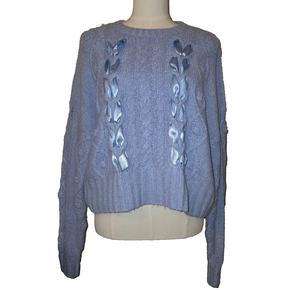 NWT L Women's Blue Sweater with Ribbon Detail by Pink Rose MSRP $46